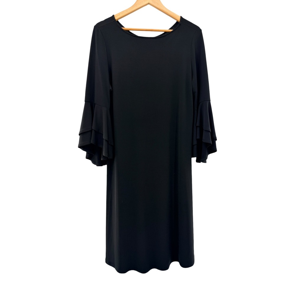 IC by Connie K Melania Dress Black Tiered Bell Sleeve Shift LBD Minimalist L NWT